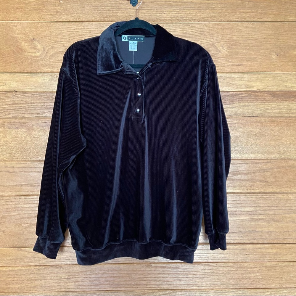 Y2K black corduroy velour rhinestone button collared pullover Deadstock